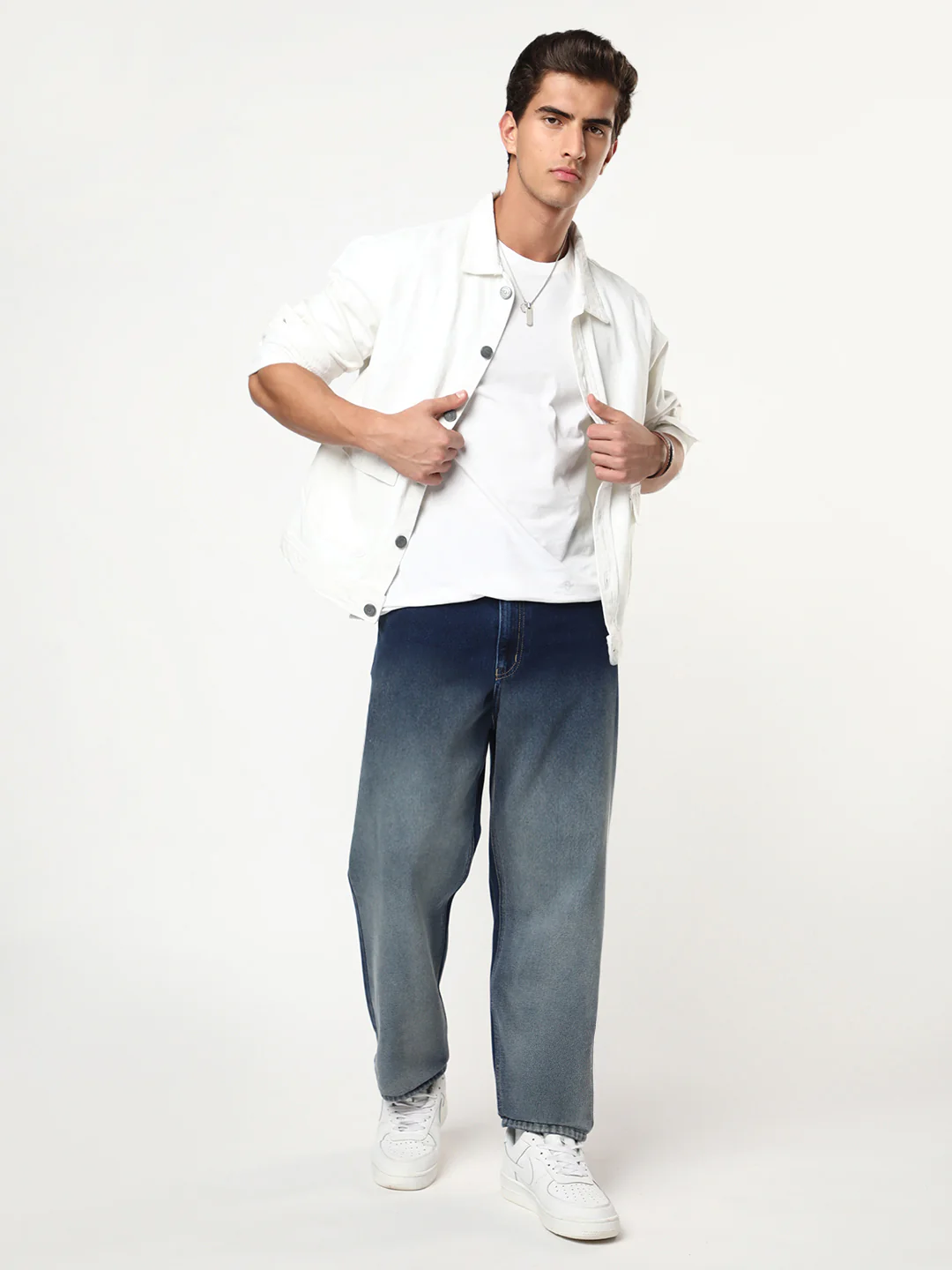 Men's Dark Blue Loose Baggy Fit Heavy Washed Faded Denim Jeans Non-Stretchable - Image 4