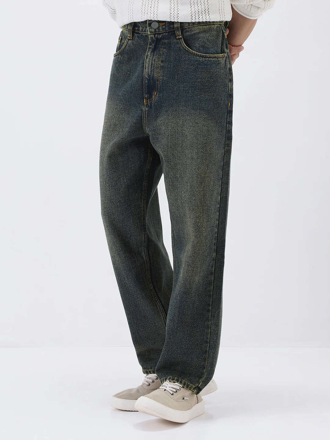Men's Dark Blue Loose Baggy Fit Heavy Washed Jeans Non-Stretchable - Image 2