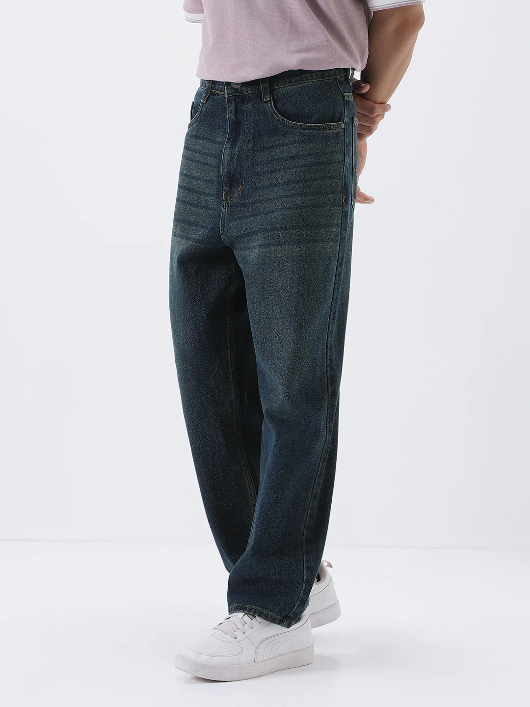 Men's Dark Blue Loose Baggy Fit Heavy Washed Jeans Non-Stretchable - Image 2