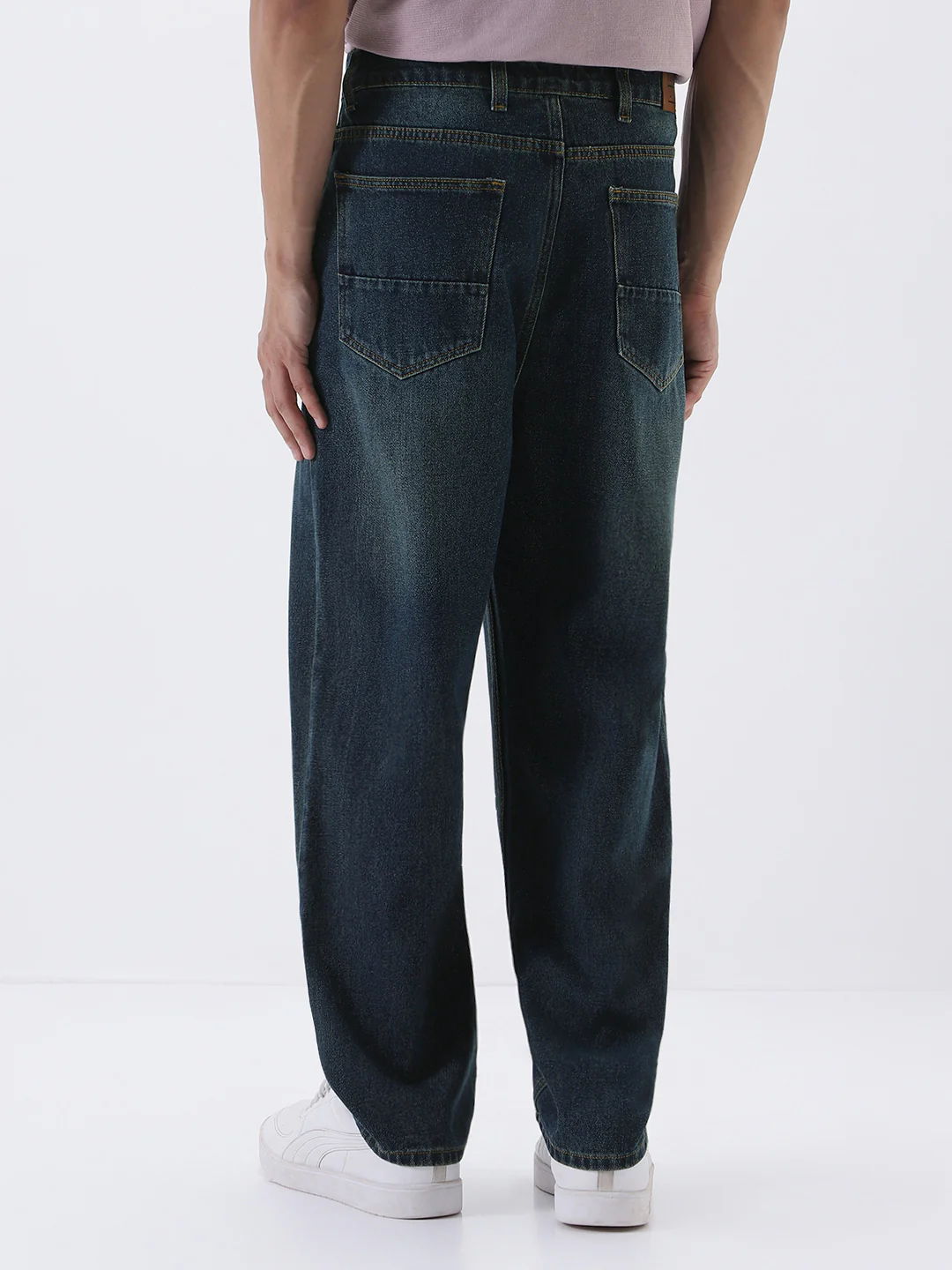 Men's Dark Blue Loose Baggy Fit Heavy Washed Jeans Non-Stretchable - Image 3