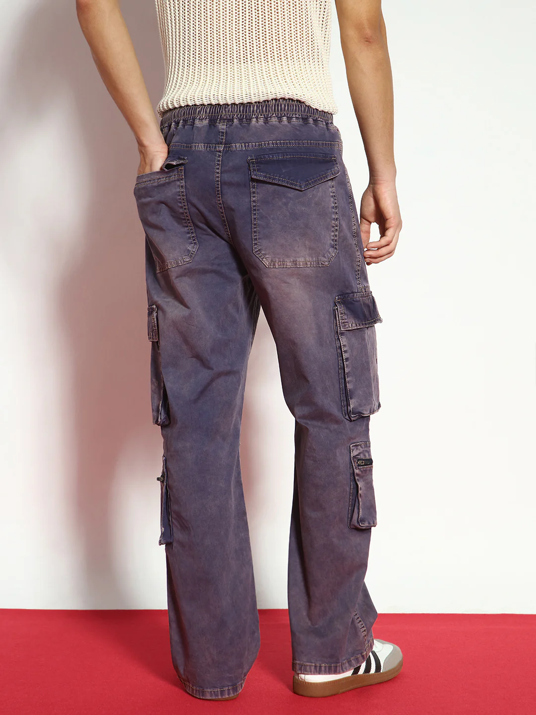 Men's Dark Blue Loose Baggy Fit Travel Cargo Jeans With 8 Pockets Stretchable - Image 3