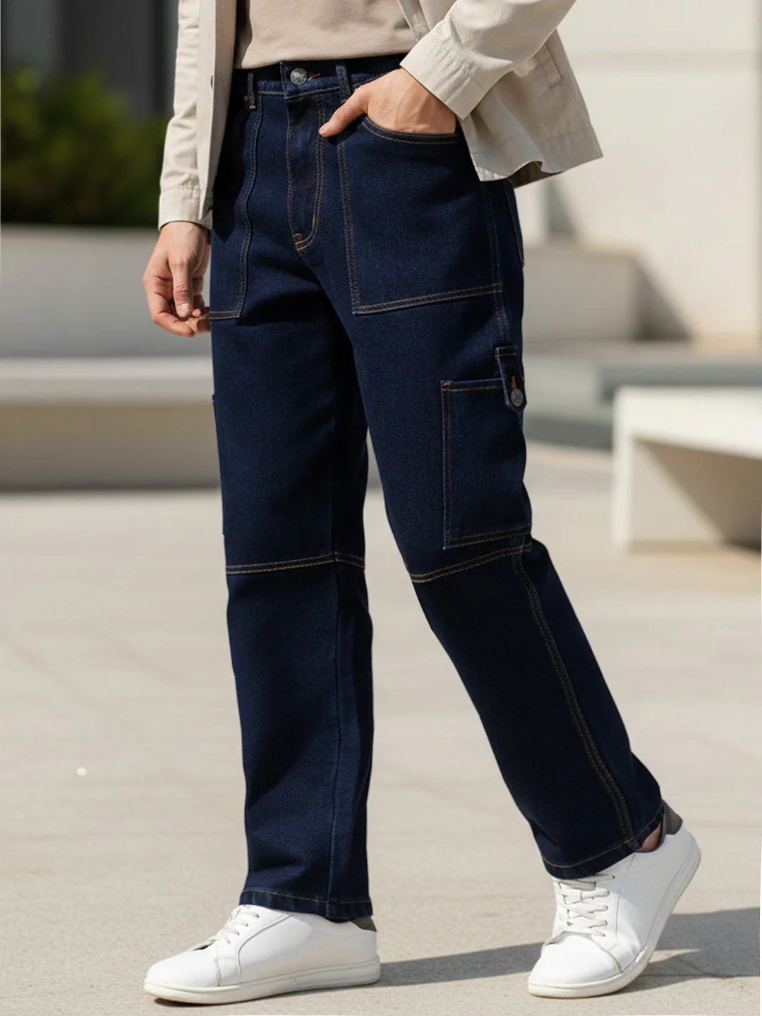 Men's Dark Blue Loose Baggy Fit Washed Cargo Jeans with 6 Pockets Non-Stretchable