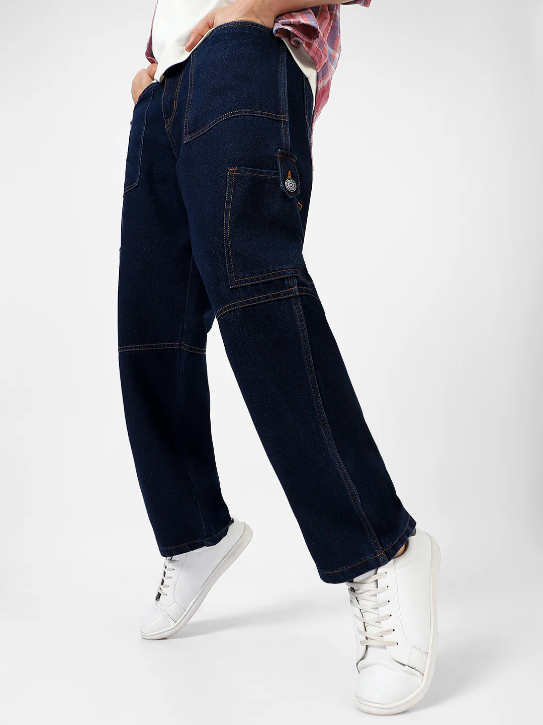 Men's Dark Blue Loose Baggy Fit Washed Cargo Jeans with 6 Pockets Non-Stretchable - Image 2