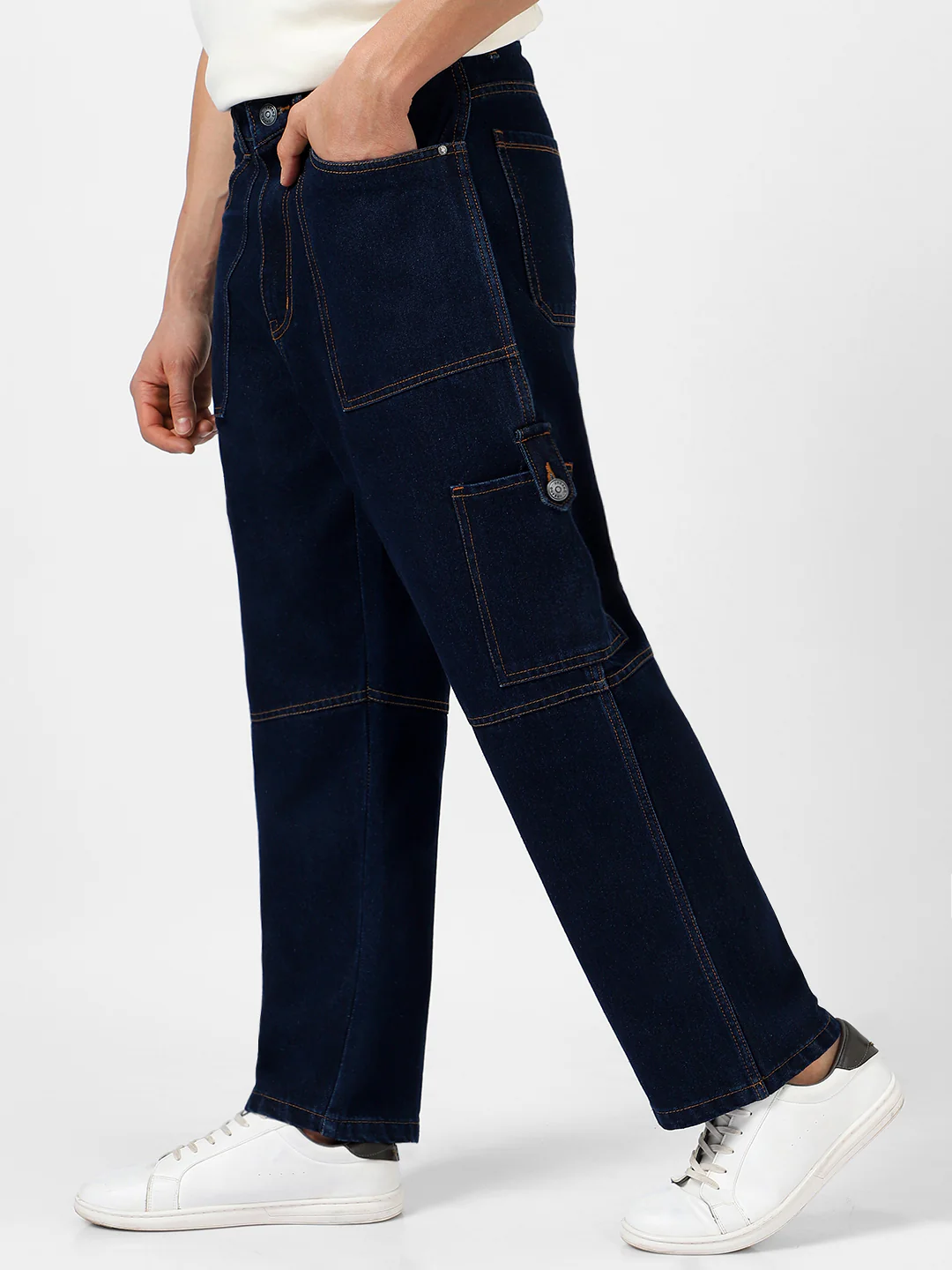 Men's Dark Blue Loose Baggy Fit Washed Cargo Jeans with 6 Pockets Non-Stretchable - Image 3