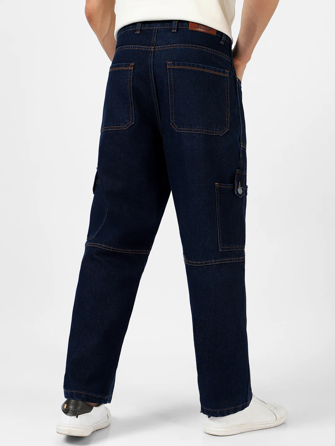 Men's Dark Blue Loose Baggy Fit Washed Cargo Jeans with 6 Pockets Non-Stretchable - Image 4