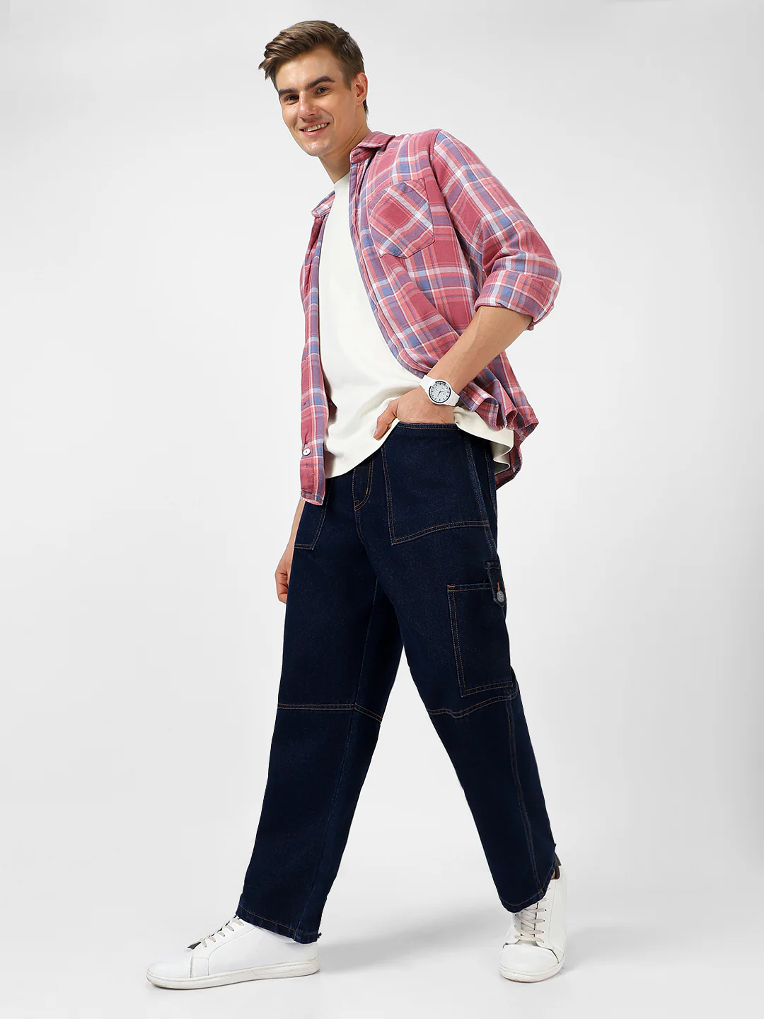 Men's Dark Blue Loose Baggy Fit Washed Cargo Jeans with 6 Pockets Non-Stretchable - Image 5