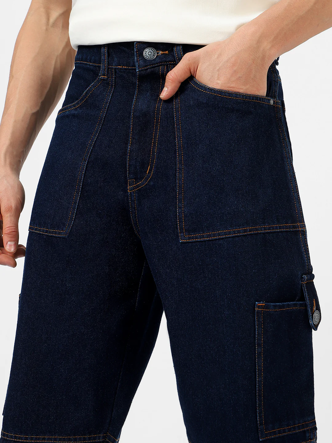 Men's Dark Blue Loose Baggy Fit Washed Cargo Jeans with 6 Pockets Non-Stretchable - Image 6