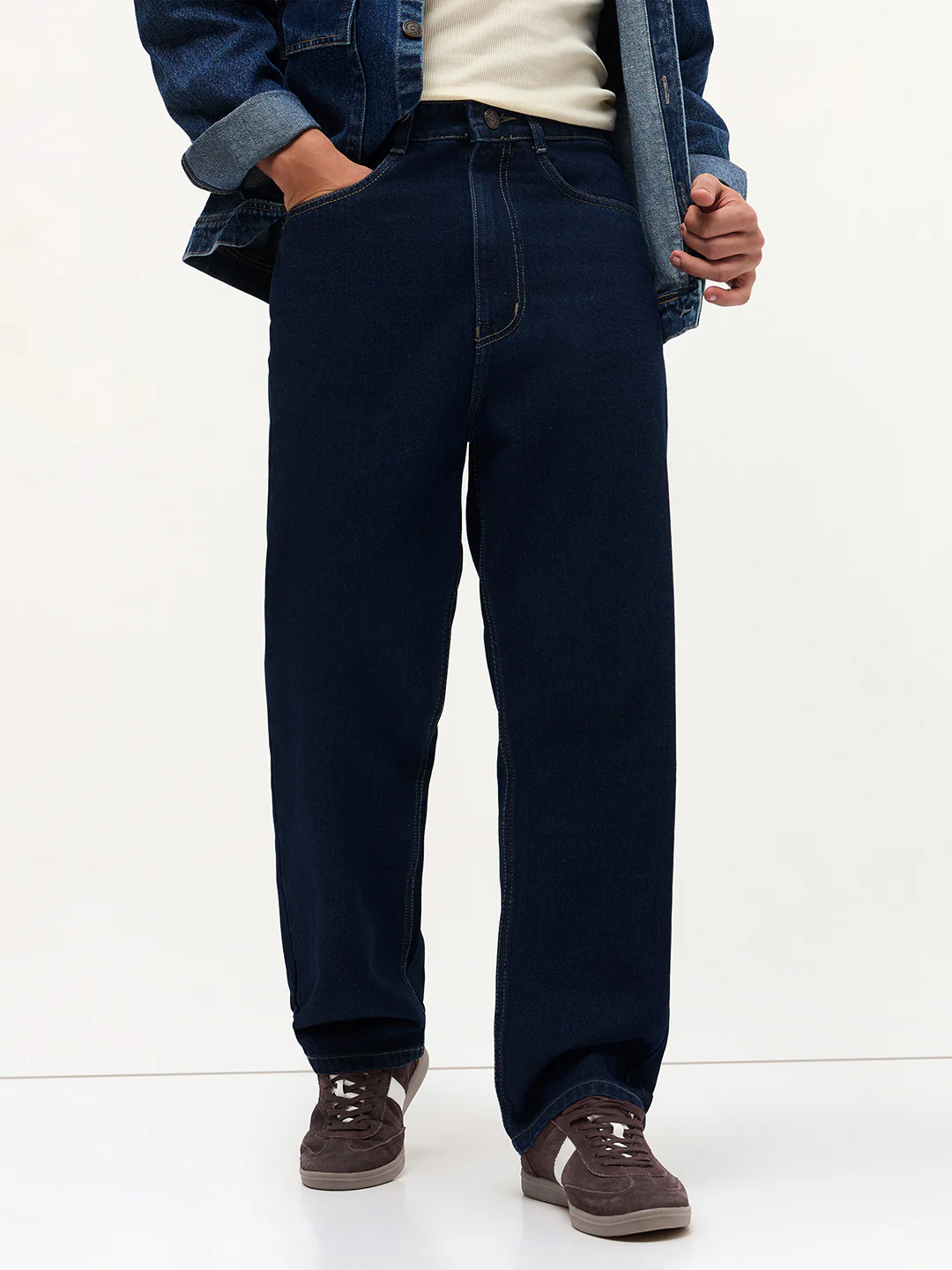 Men's Dark Blue Loose Baggy Fit Raw Washed Denim Jeans Non-Stretchable - Image 2