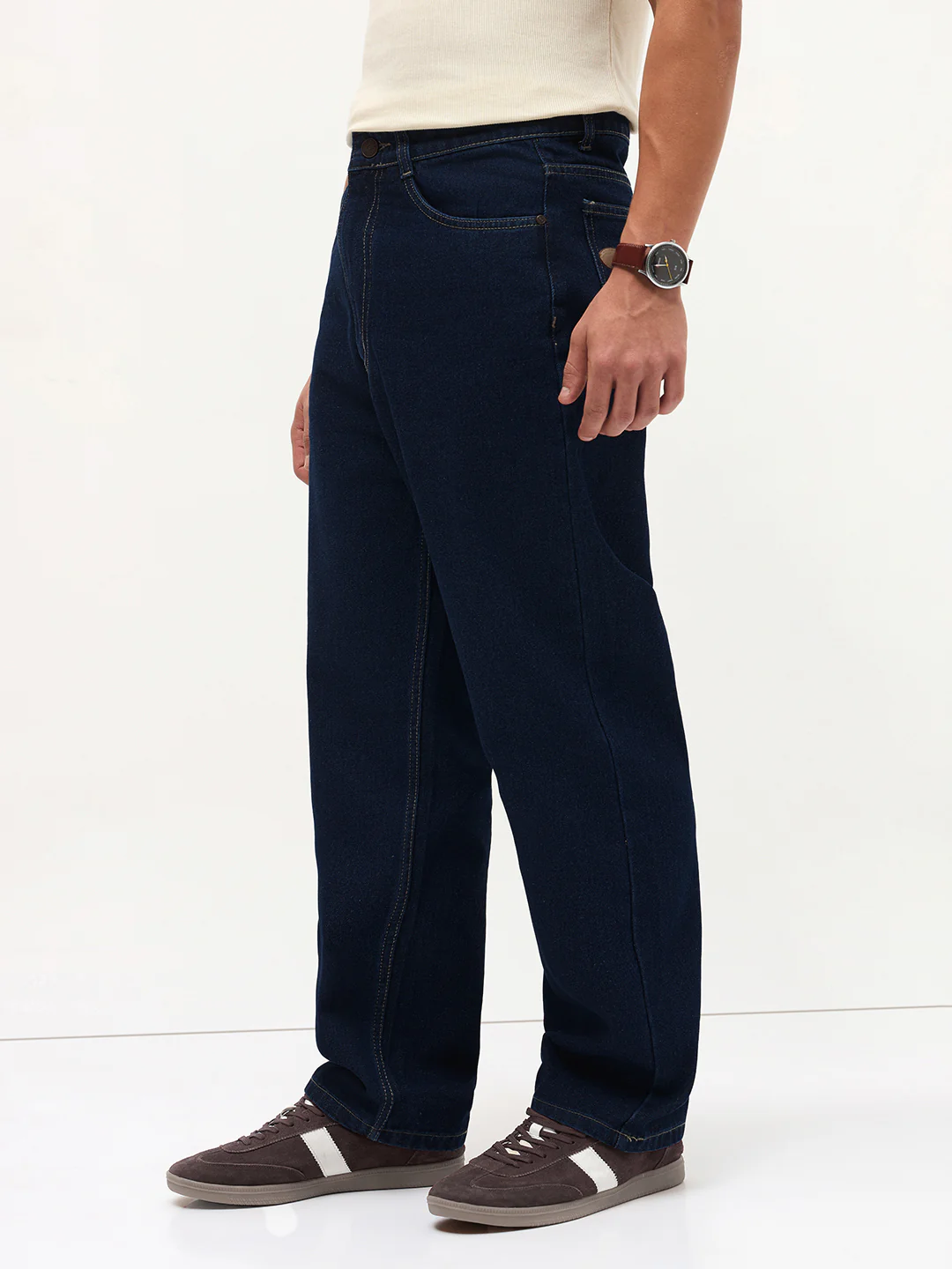 Men's Dark Blue Loose Baggy Fit Raw Washed Denim Jeans Non-Stretchable - Image 3