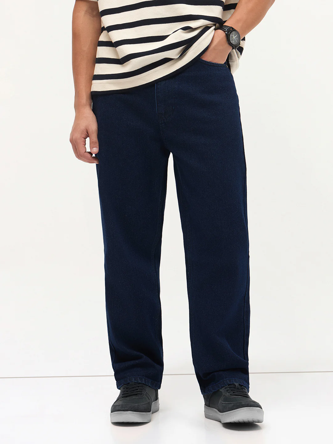Men's Dark Blue Loose Baggy Fit Raw Washed Denim Jeans Non-Stretchable - Image 2