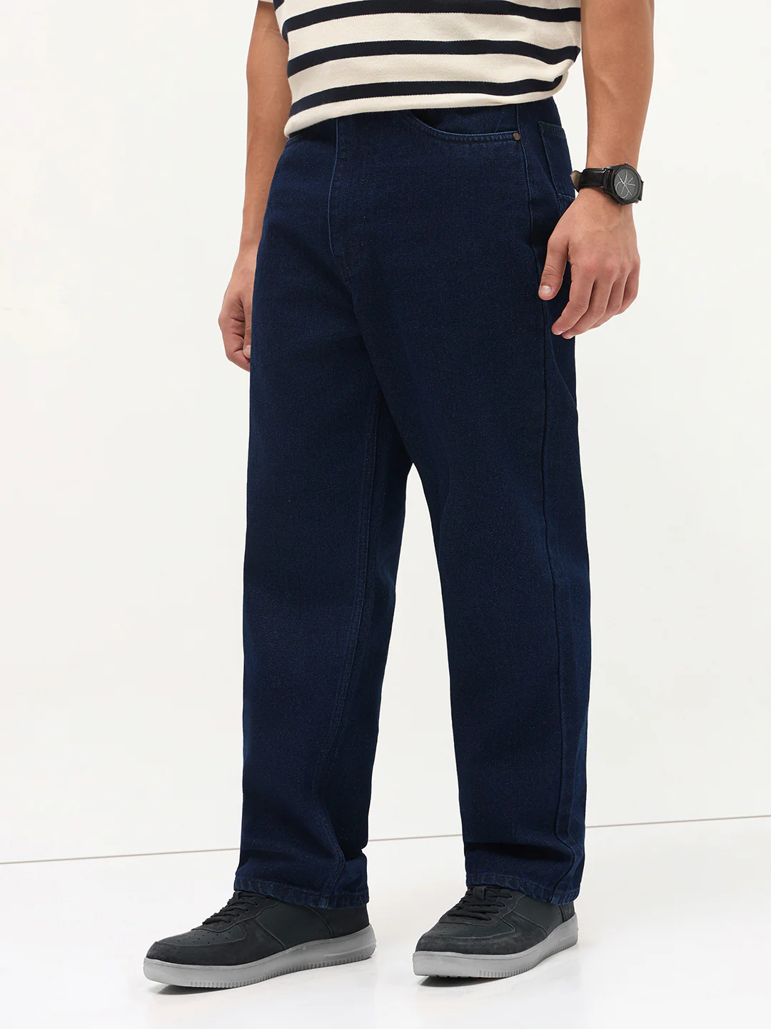 Men's Dark Blue Loose Baggy Fit Raw Washed Denim Jeans Non-Stretchable - Image 3
