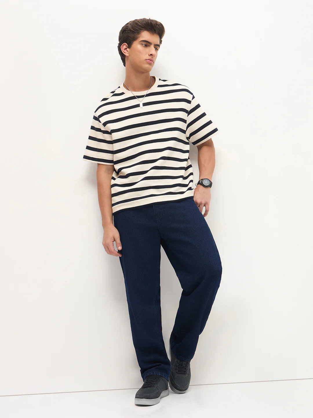 Men's Dark Blue Loose Baggy Fit Raw Washed Denim Jeans Non-Stretchable - Image 5