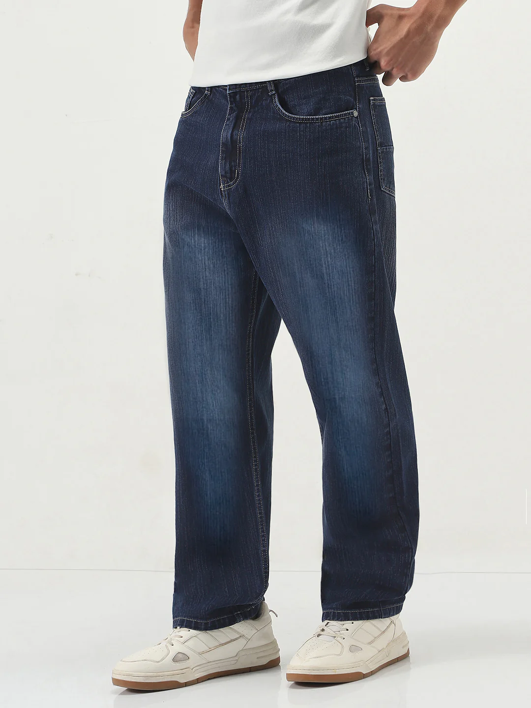 Men's Dark Blue Loose Baggy Fit Washed Denim Jeans Non-Stretchable - Image 2
