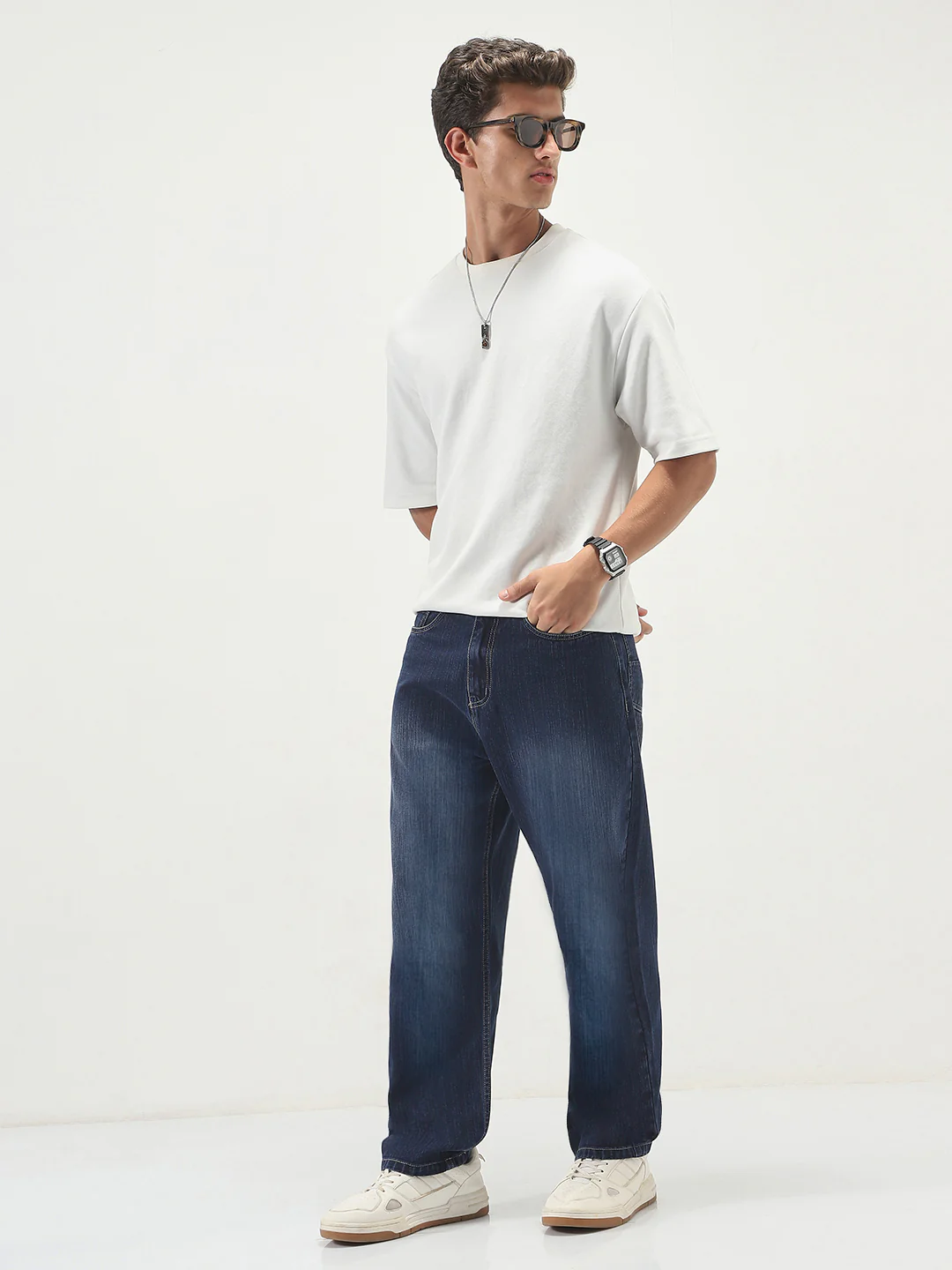 Men's Dark Blue Loose Baggy Fit Washed Denim Jeans Non-Stretchable - Image 4