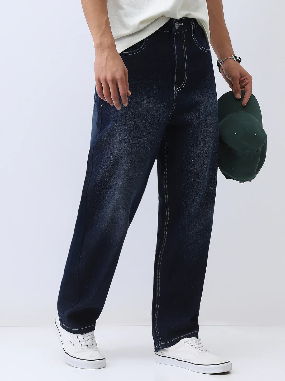 Men's Dark Blue Loose Baggy Fit Washed Jeans Non-Stretchable - Image 2