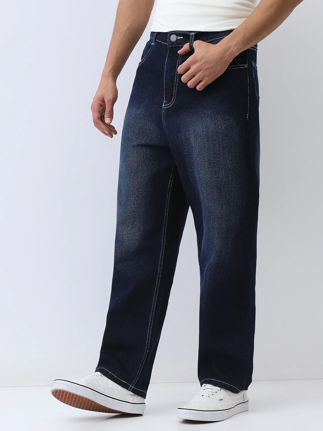Men's Dark Blue Loose Baggy Fit Washed Jeans Non-Stretchable - Image 3