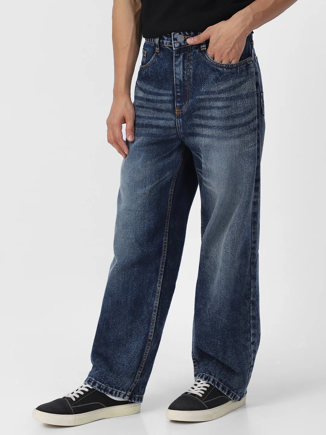 Men's Dark Blue Loose Baggy Fit Washed Jeans Non-Stretchable - Image 2