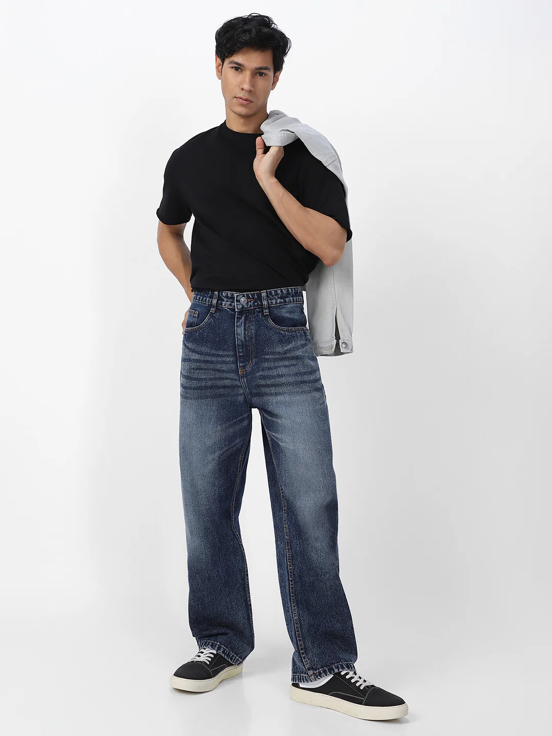 Men's Dark Blue Loose Baggy Fit Washed Jeans Non-Stretchable - Image 4