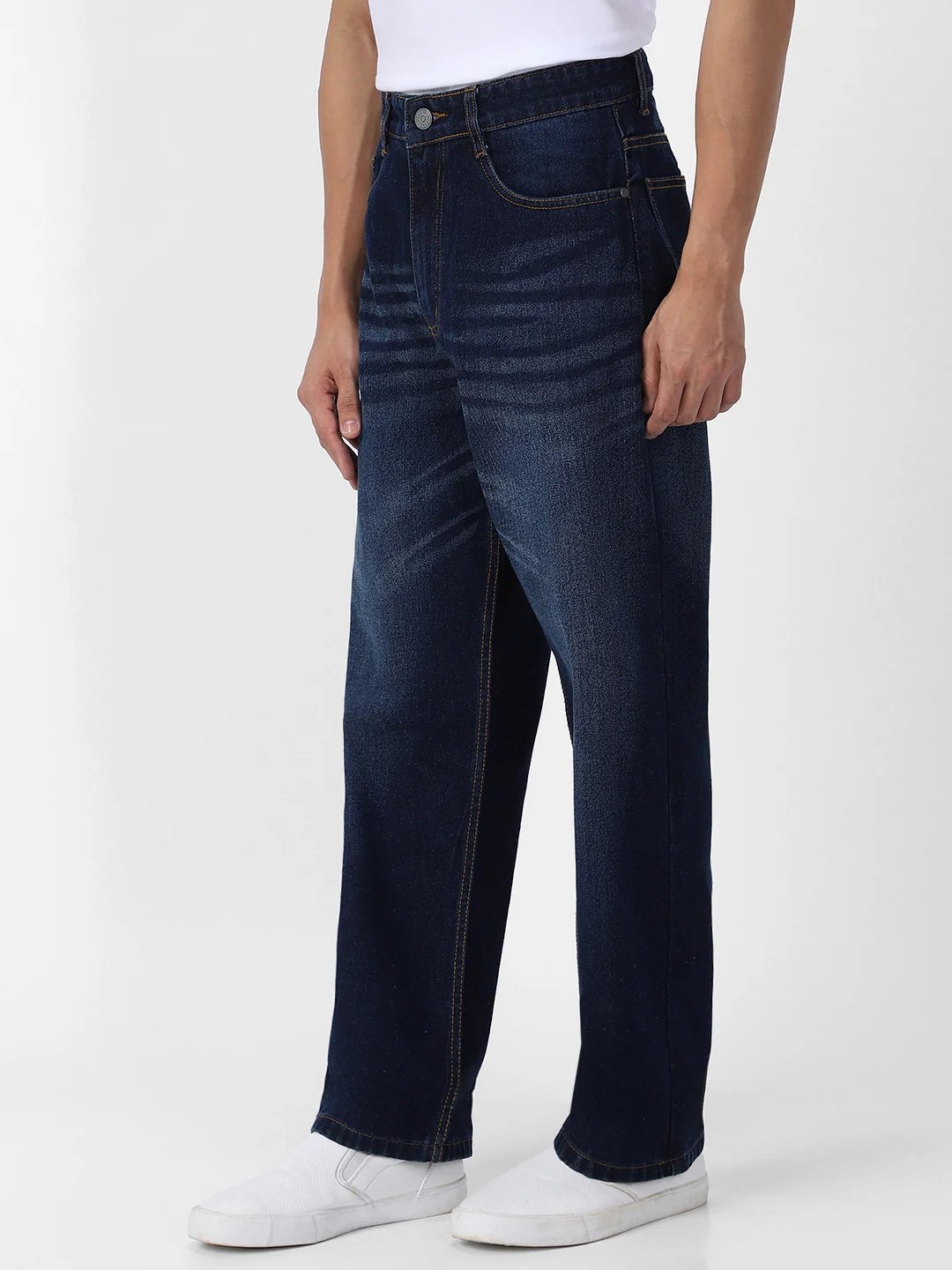 Men's Dark Blue Loose Baggy Fit Washed Jeans Non-Stretchable - Image 3