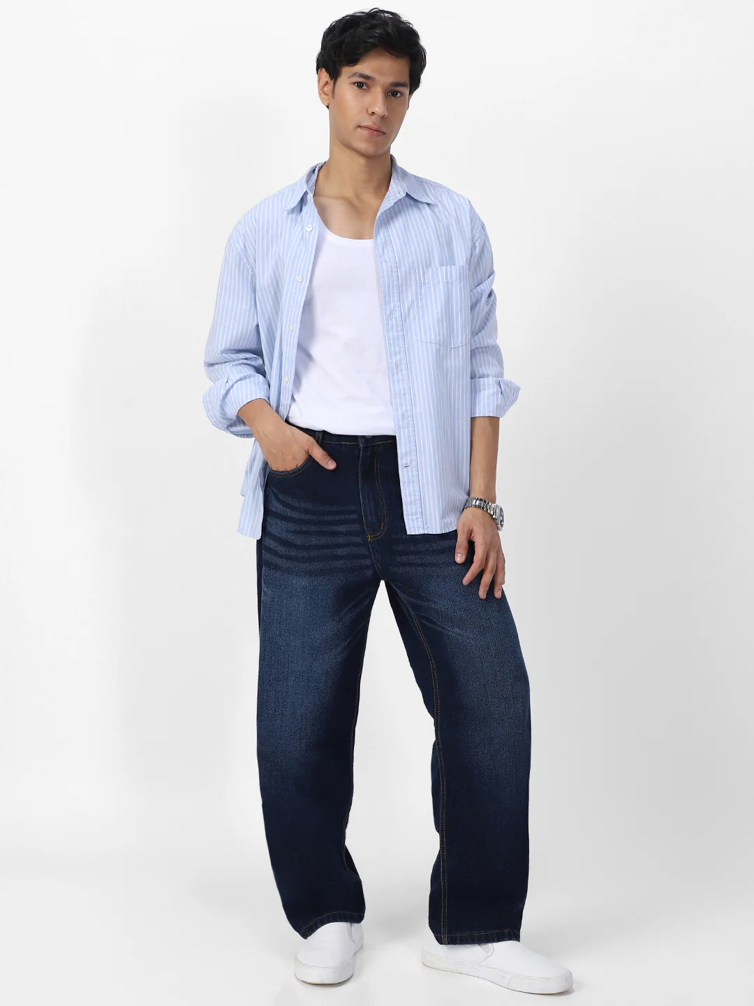 Men's Dark Blue Loose Baggy Fit Washed Jeans Non-Stretchable - Image 5