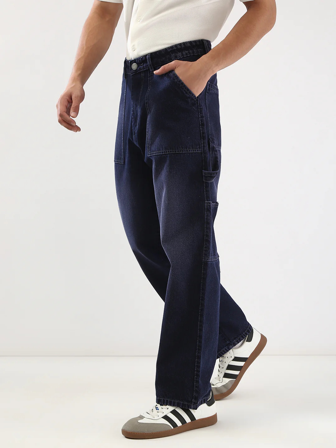 Men's Dark Blue Loose Fit Cargo Carpenter Jeans With 6 Pockets Non-Stretchable - Image 2