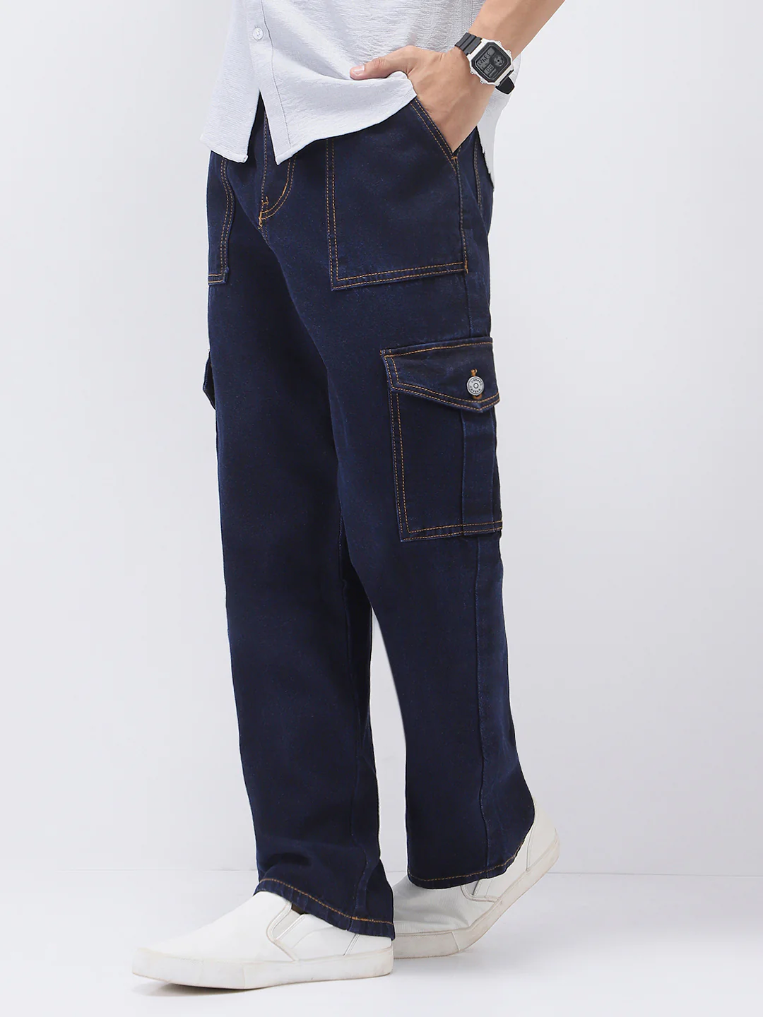Men's Dark Blue Loose Fit Cargo Jeans with 6 Pockets Non-Stretchable - Image 2