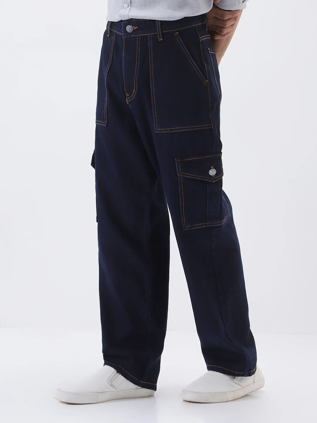Men's Dark Blue Loose Fit Cargo Jeans with 6 Pockets Non-Stretchable - Image 3