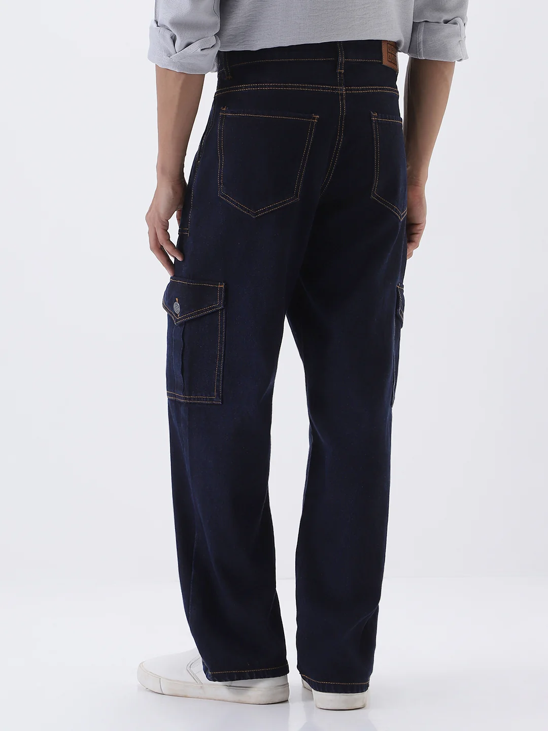 Men's Dark Blue Loose Fit Cargo Jeans with 6 Pockets Non-Stretchable - Image 4