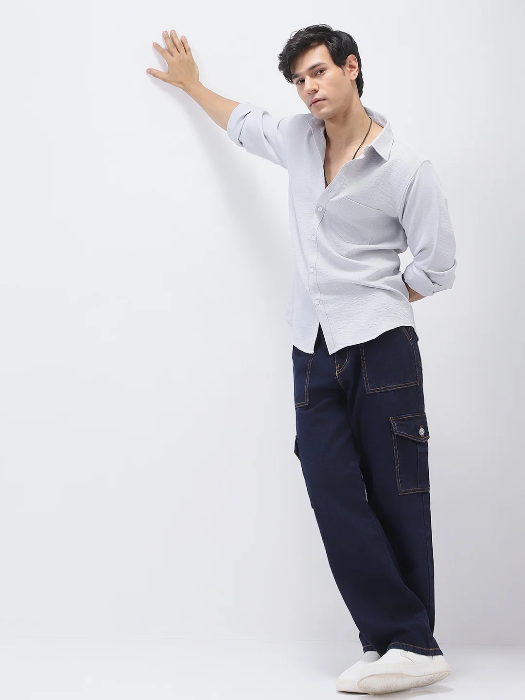 Men's Dark Blue Loose Fit Cargo Jeans with 6 Pockets Non-Stretchable - Image 5