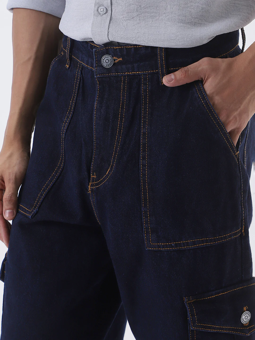 Men's Dark Blue Loose Fit Cargo Jeans with 6 Pockets Non-Stretchable - Image 7