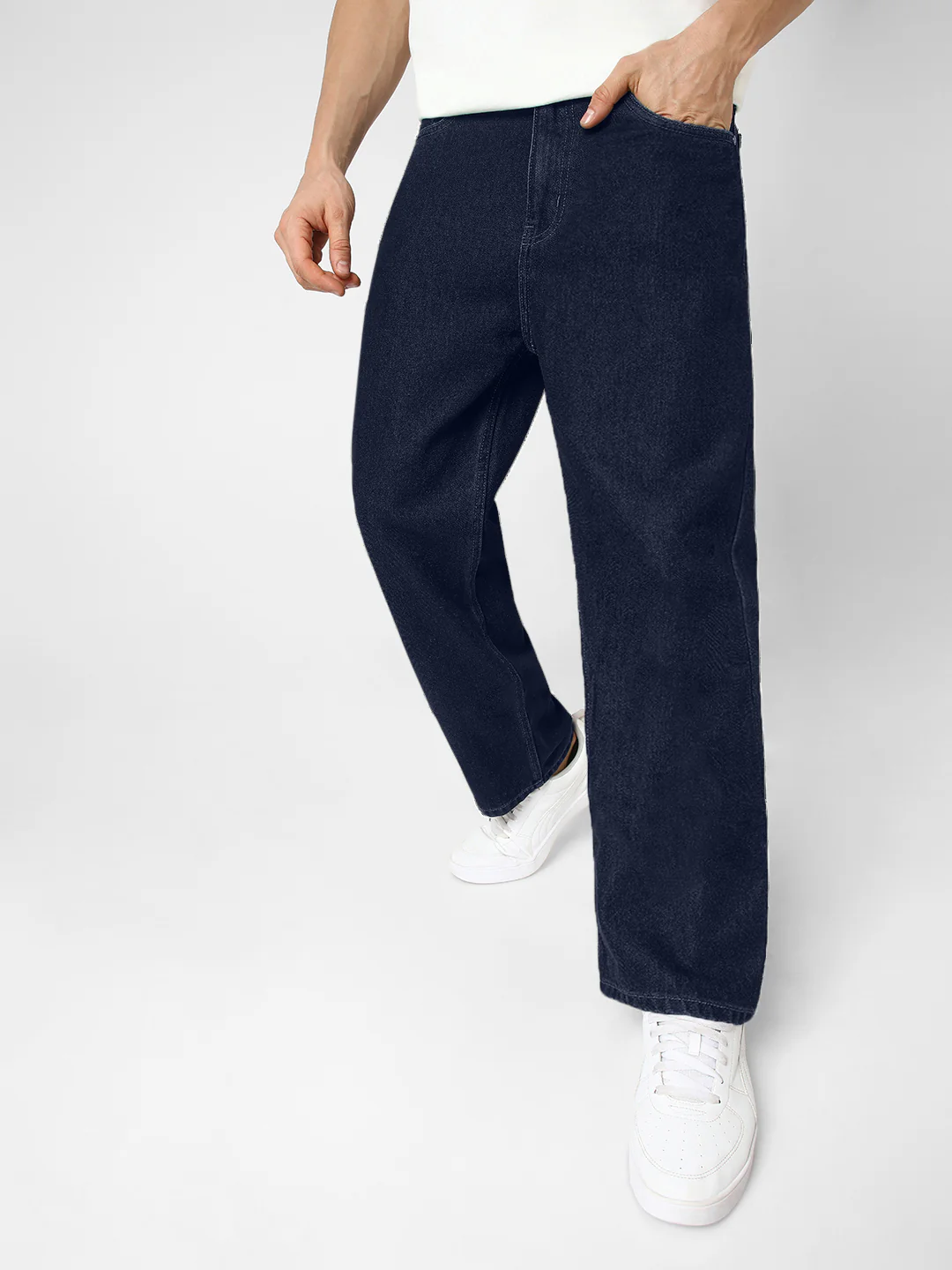 Men's Dark Blue Loose Fit Washed Jeans Non-Stretchable - Image 2