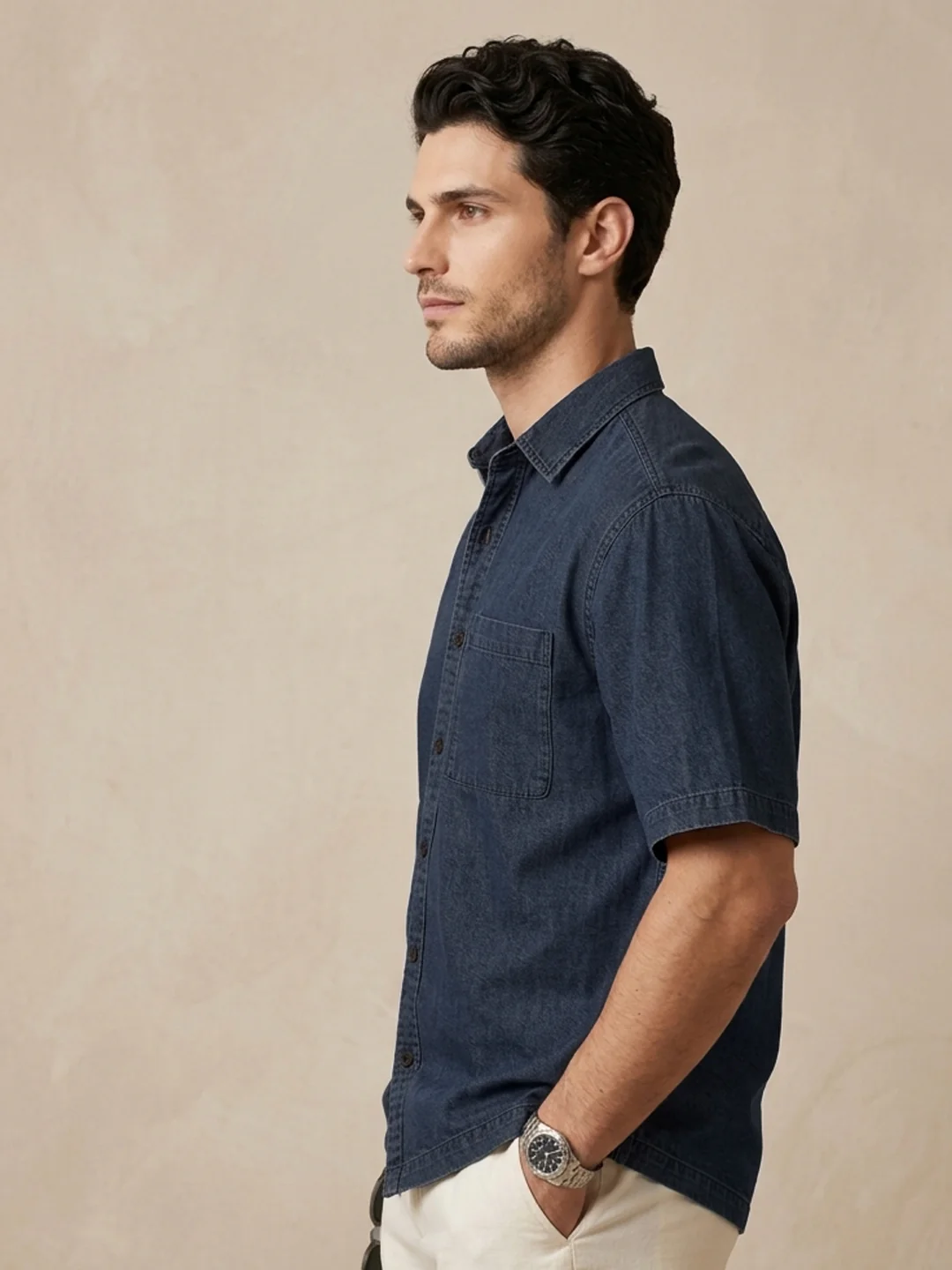 Men's Dark Blue Oversized Fit Half Sleeve Solid Casual Denim Shirt - Image 2