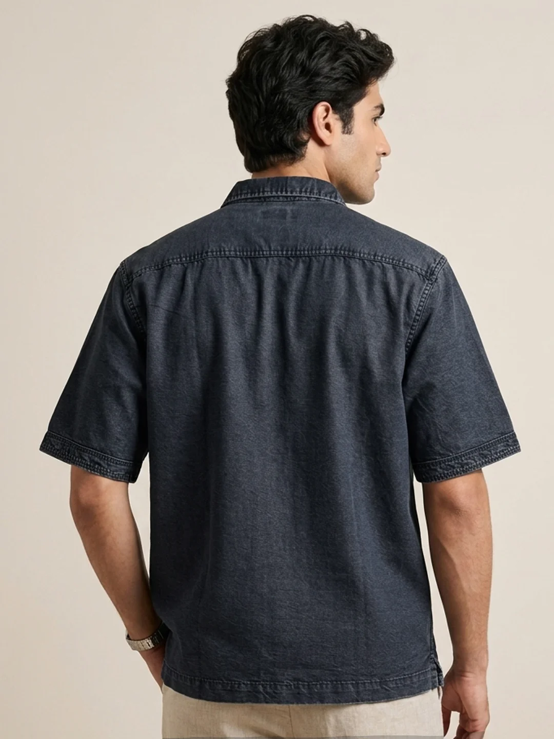 Men's Dark Blue Oversized Fit Half Sleeve Solid Casual Denim Shirt - Image 3