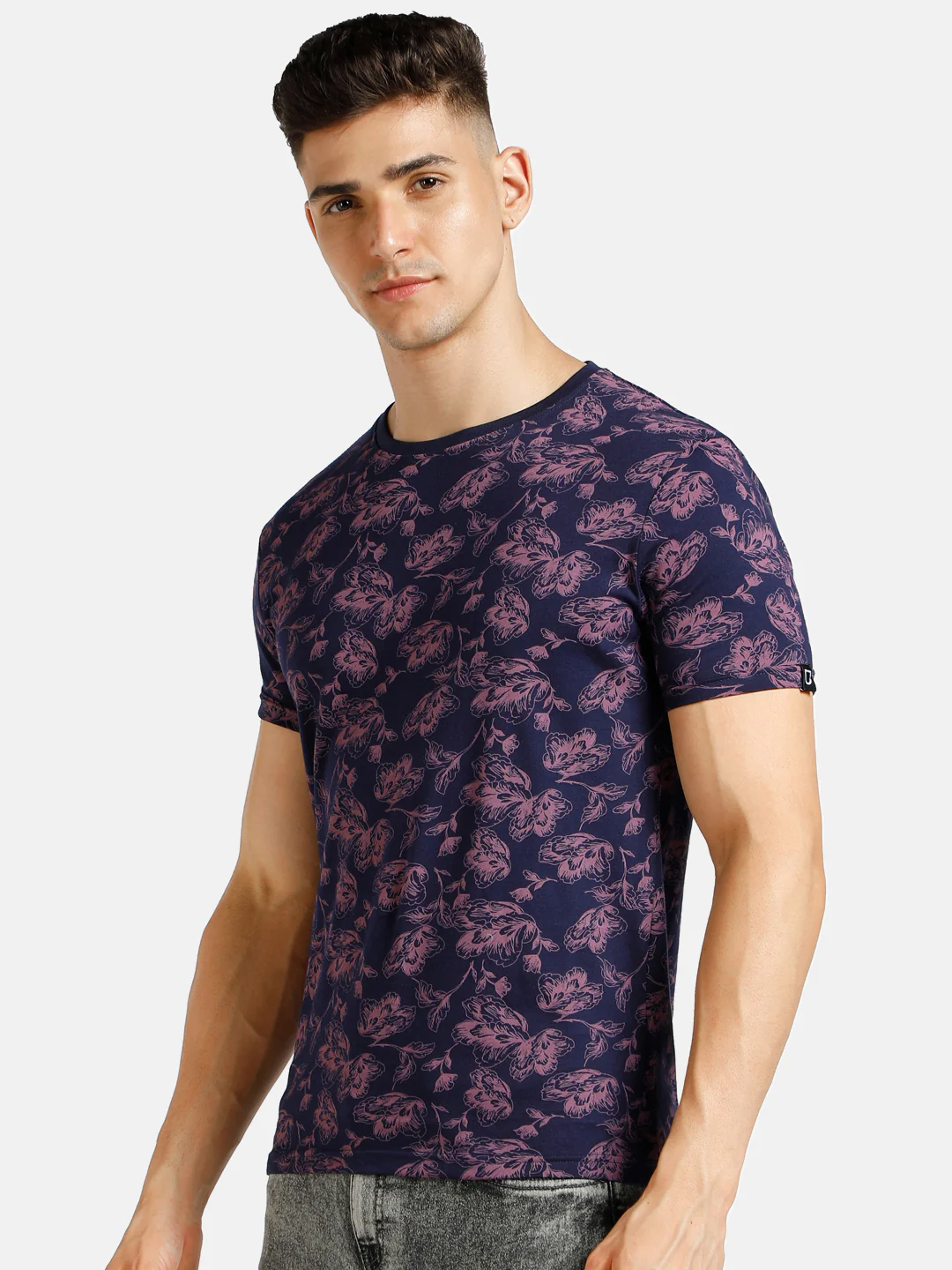 Men's Dark Blue Printed Round Neck Half Sleeve Slim Fit Cotton T-Shirt - Image 2