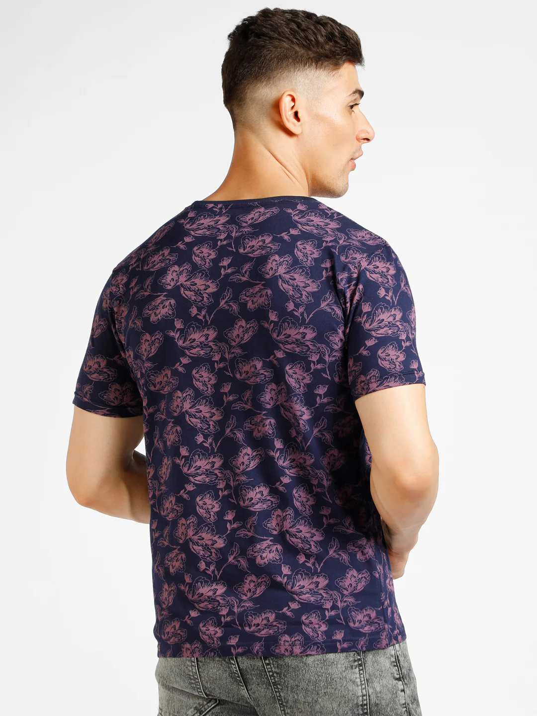Men's Dark Blue Printed Round Neck Half Sleeve Slim Fit Cotton T-Shirt - Image 3