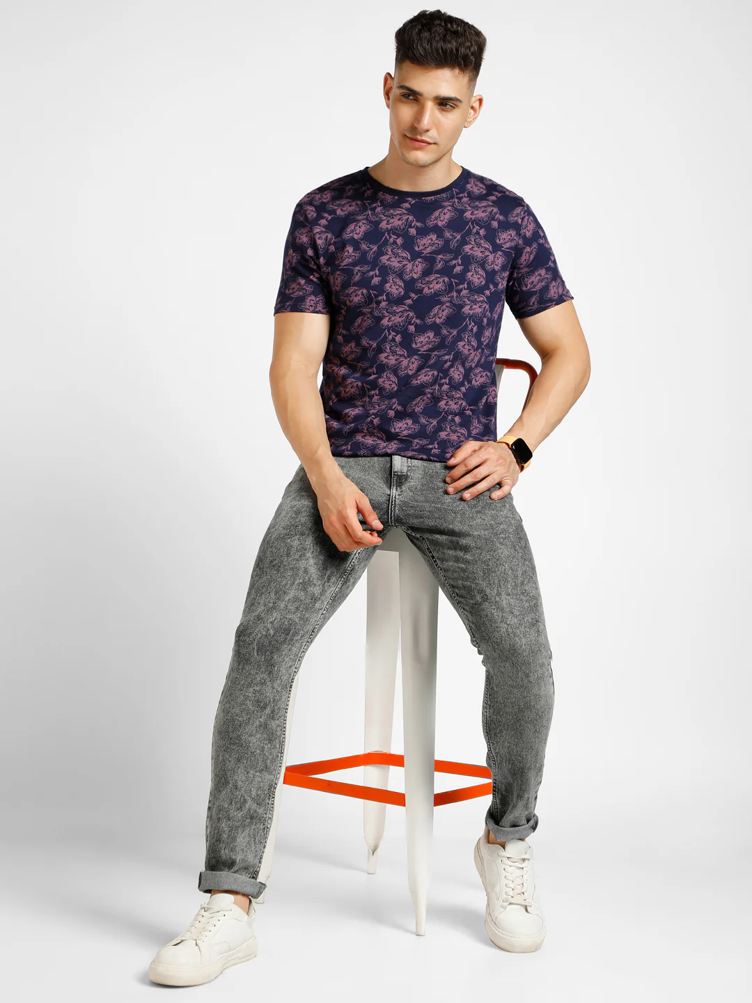 Men's Dark Blue Printed Round Neck Half Sleeve Slim Fit Cotton T-Shirt - Image 4