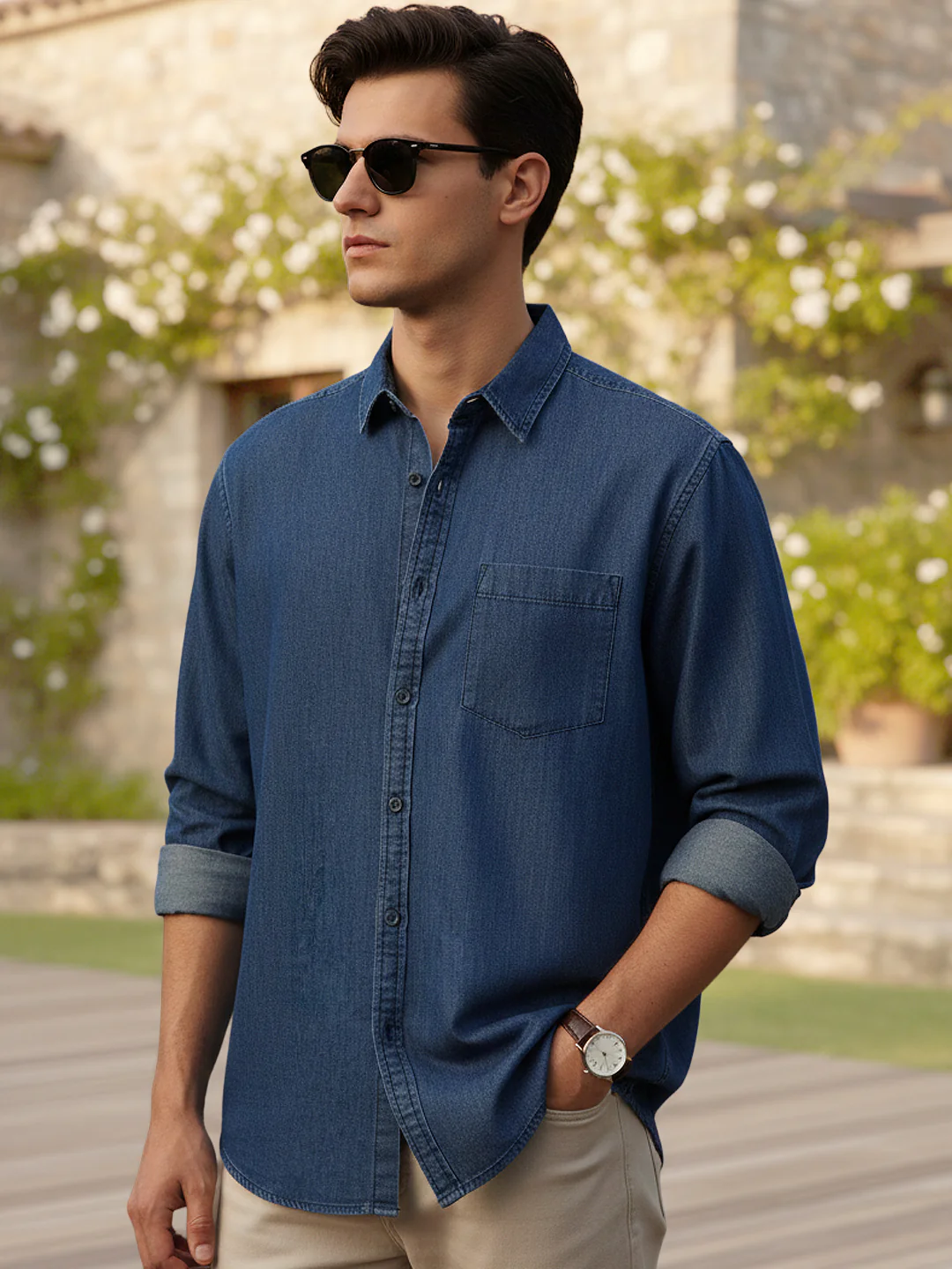 Men's Dark Blue Regular Fit Full Sleeve Solid Denim Shirt