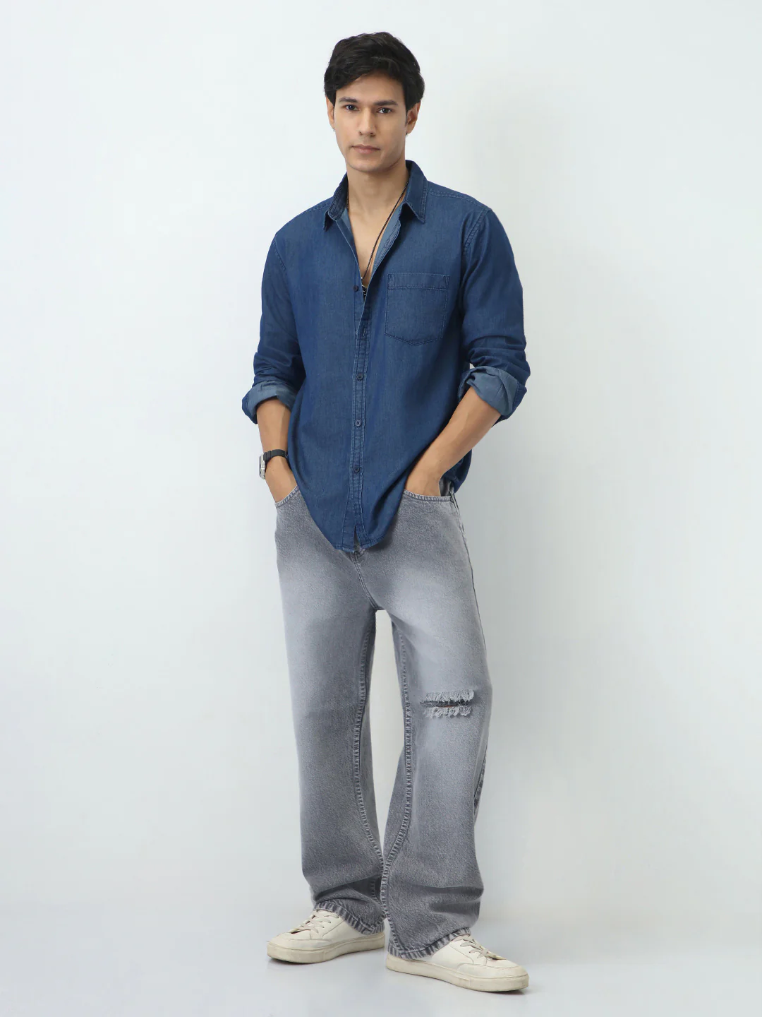 Men's Dark Blue Regular Fit Full Sleeve Solid Denim Shirt - Image 5