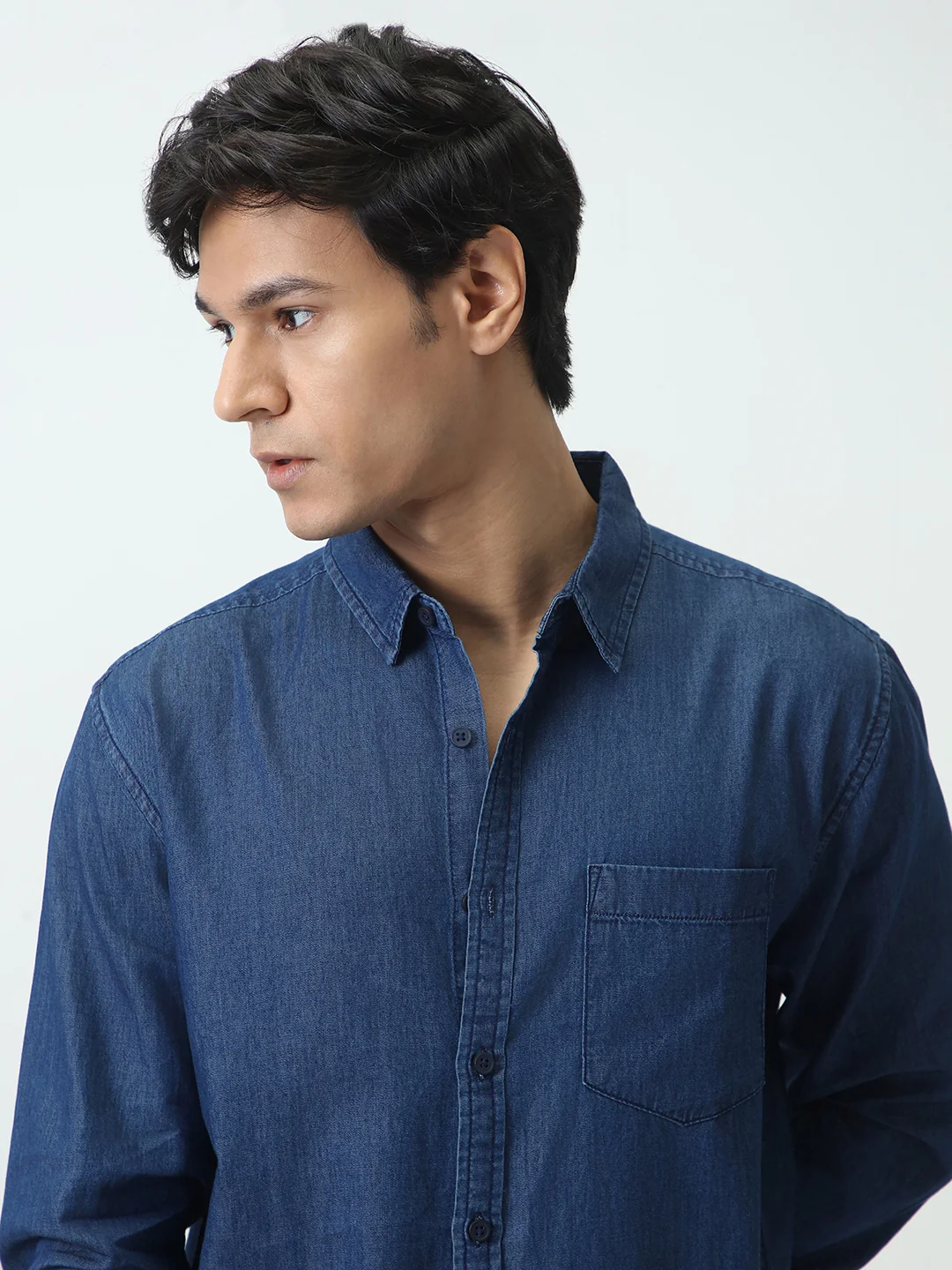 Men's Dark Blue Regular Fit Full Sleeve Solid Denim Shirt - Image 6