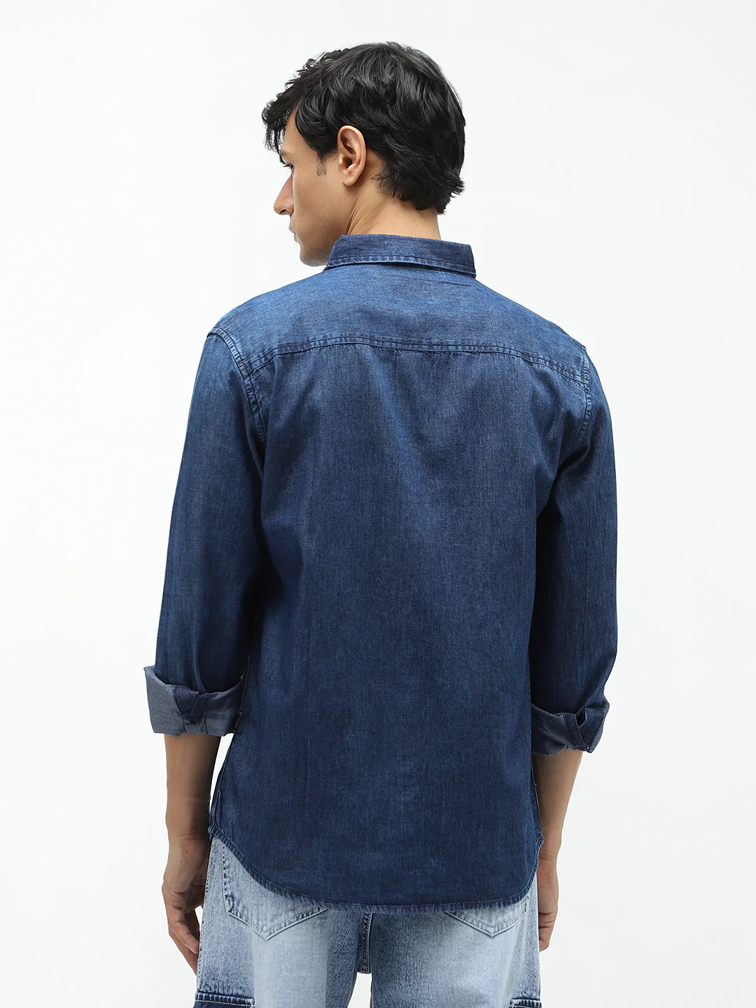 Men's Dark Blue Regular Fit Full Sleeve Washed Denim Shirt - Image 3