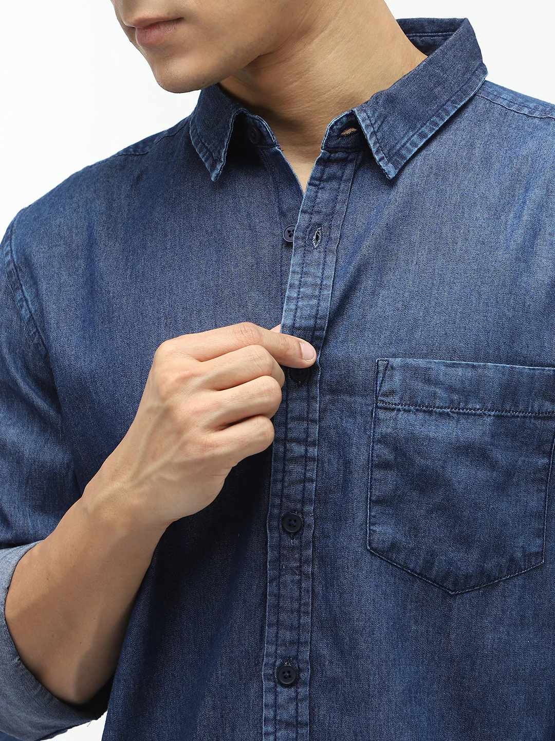 Men's Dark Blue Regular Fit Full Sleeve Washed Denim Shirt - Image 5