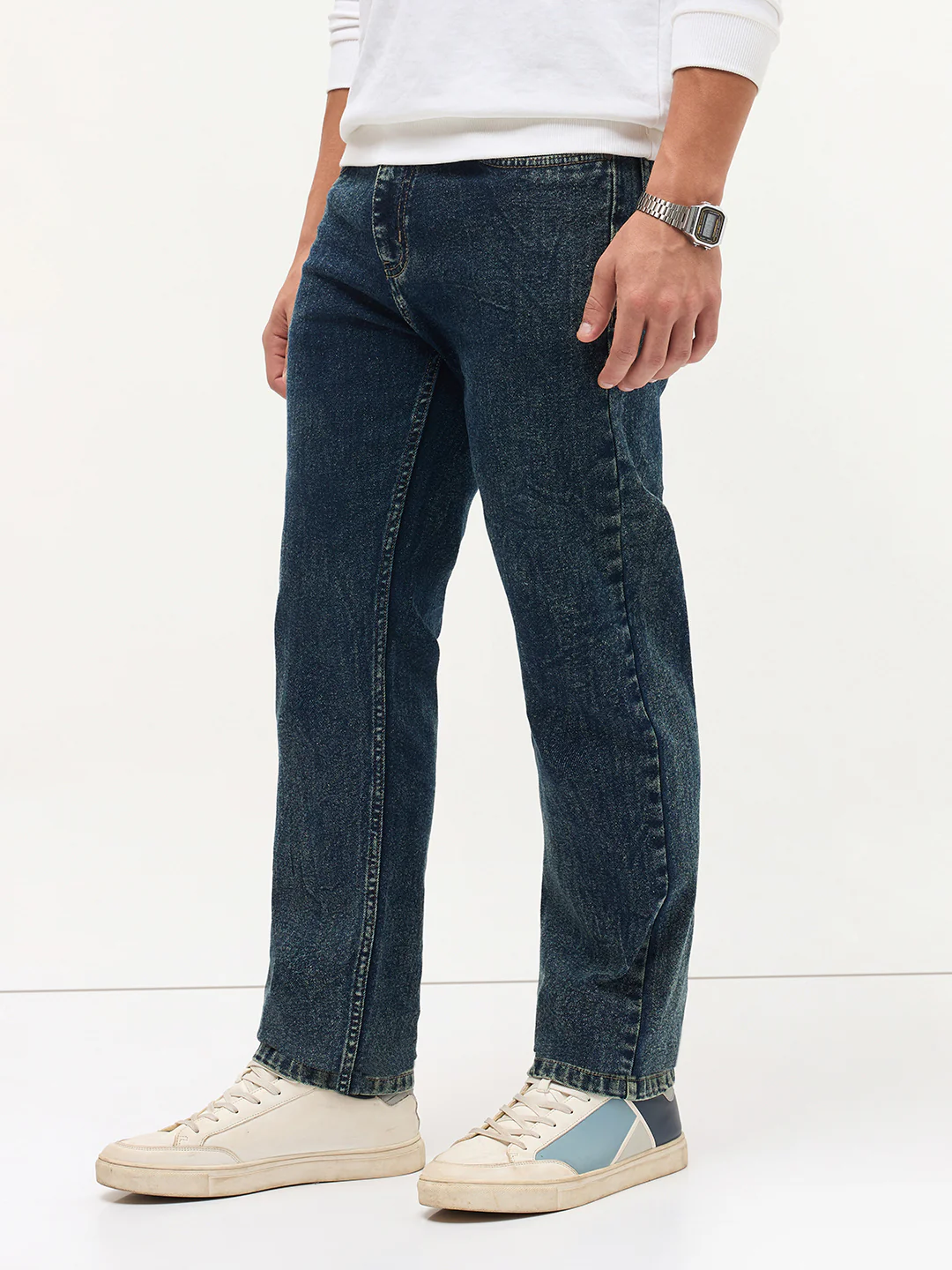 Men's Dark Blue Regular Fit Towel Washed Yellow Tint Denim Jeans Stretchable - Image 3