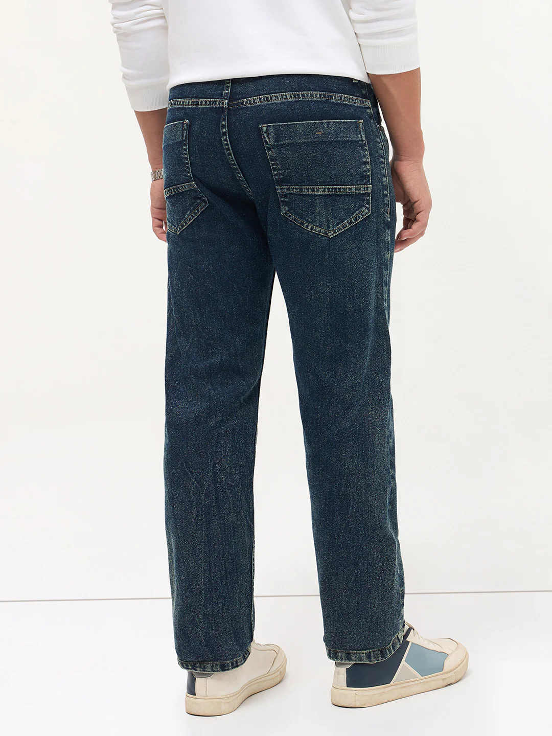 Men's Dark Blue Regular Fit Towel Washed Yellow Tint Denim Jeans Stretchable - Image 4