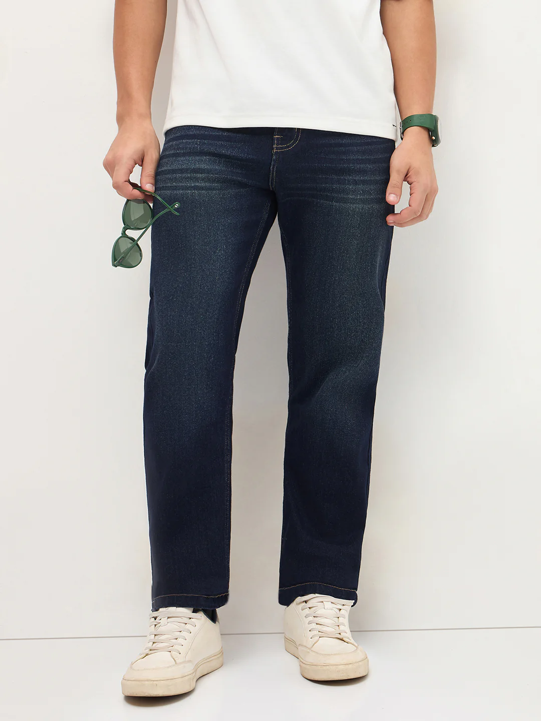 Men's Dark Blue Regular Fit Whisker Wash Yellow Tint Denim Jeans Stretchable - Image 2