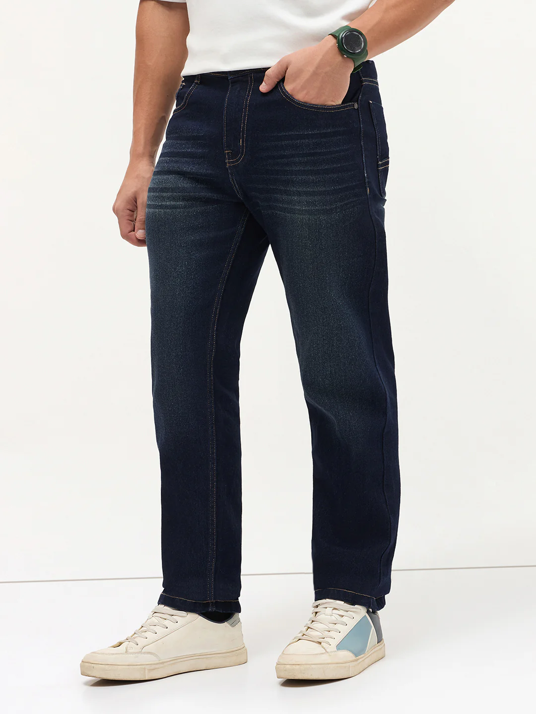 Men's Dark Blue Regular Fit Whisker Wash Yellow Tint Denim Jeans Stretchable - Image 3