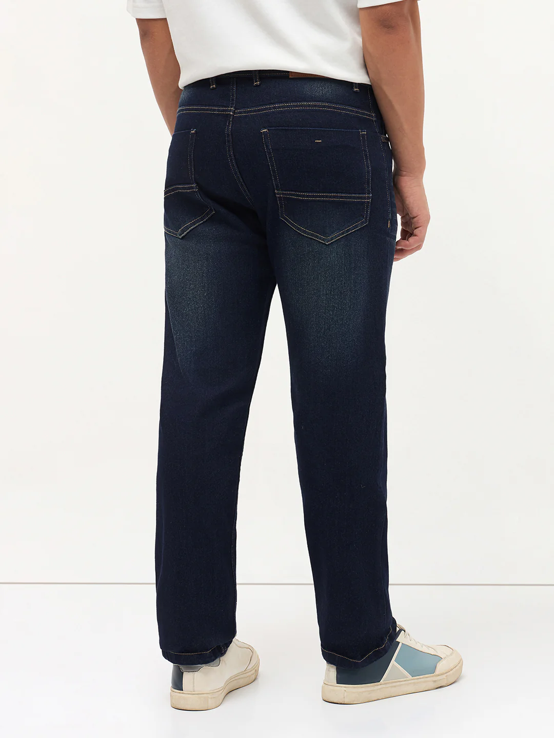 Men's Dark Blue Regular Fit Whisker Wash Yellow Tint Denim Jeans Stretchable - Image 4