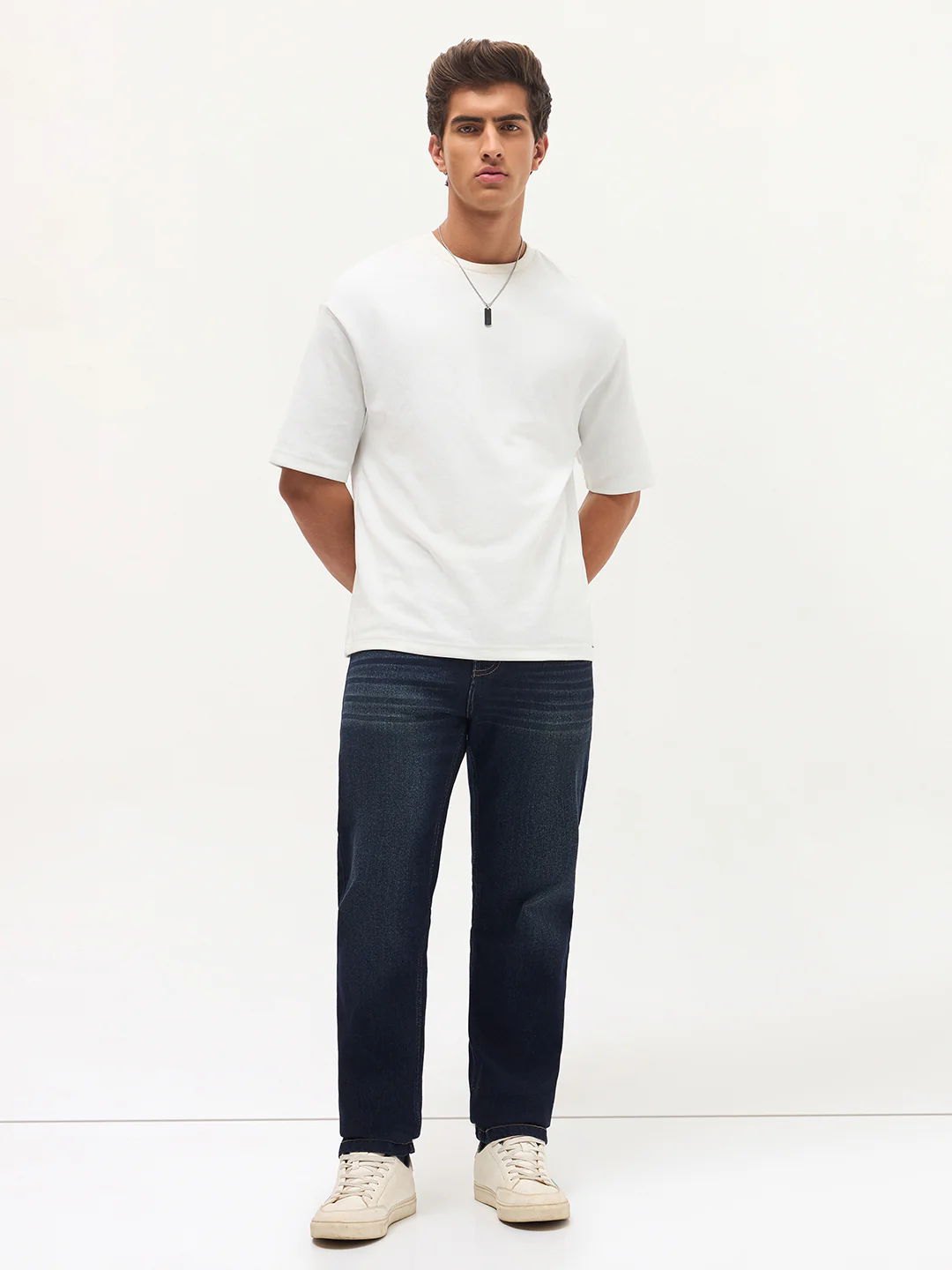 Men's Dark Blue Regular Fit Whisker Wash Yellow Tint Denim Jeans Stretchable - Image 5