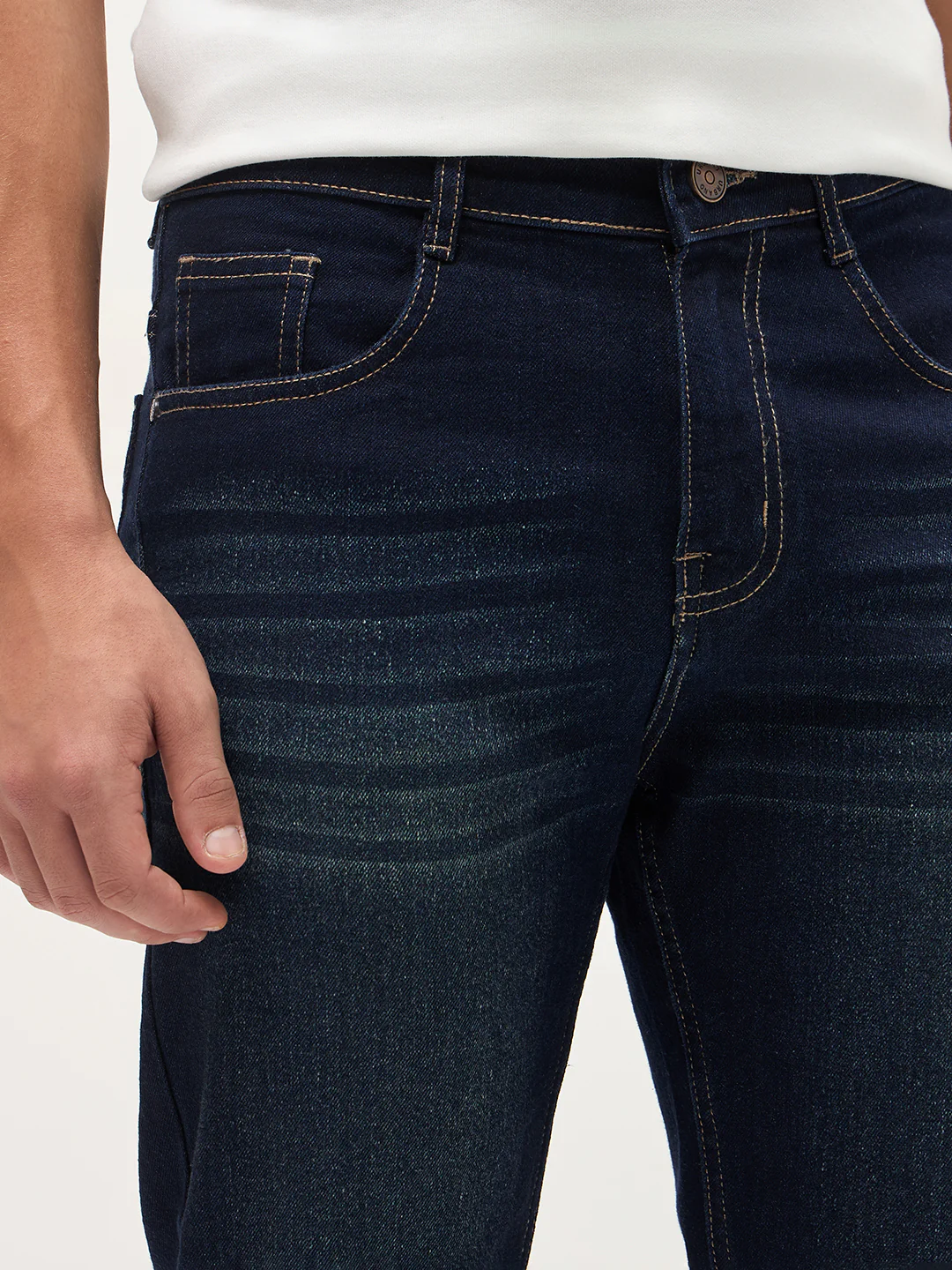 Men's Dark Blue Regular Fit Whisker Wash Yellow Tint Denim Jeans Stretchable - Image 6