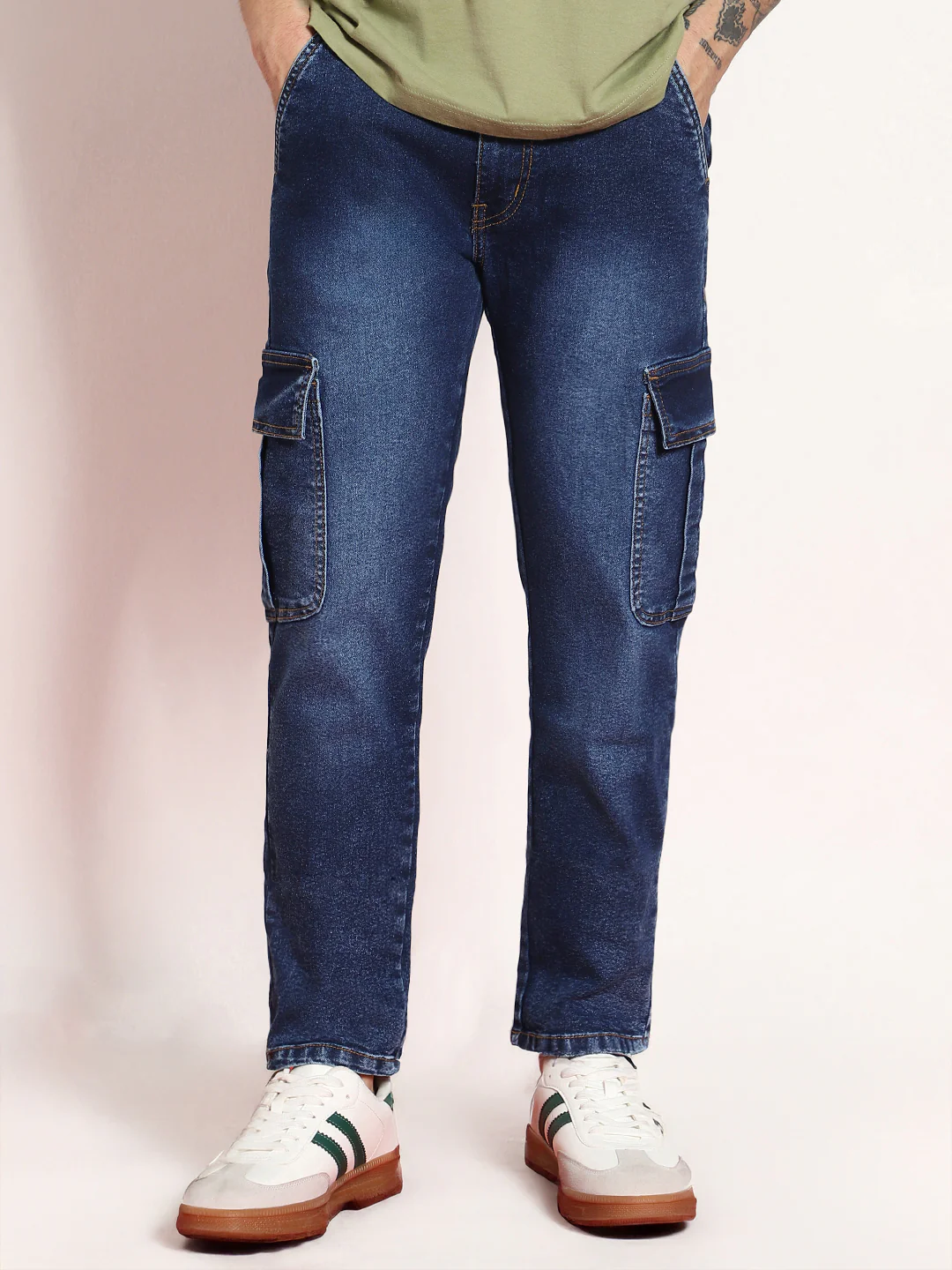 Men's Dark Blue Regular Fit Washed Cargo Jeans With 6 Pockets Stretchable - Image 2
