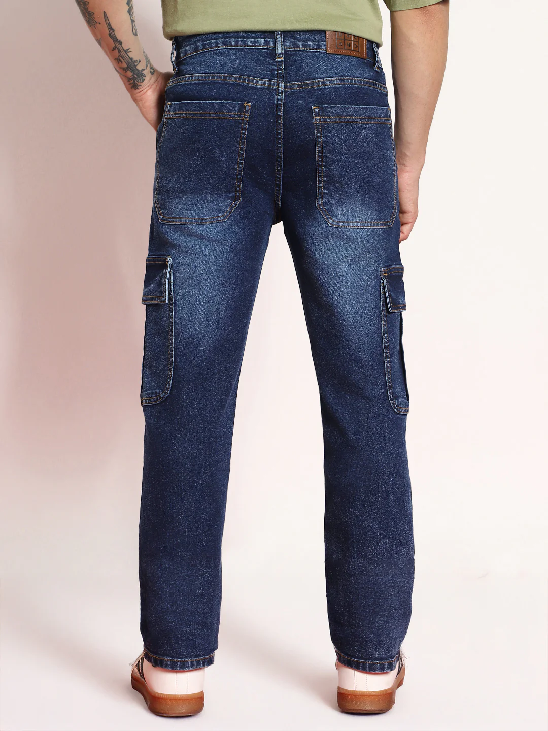 Men's Dark Blue Regular Fit Washed Cargo Jeans With 6 Pockets Stretchable - Image 3